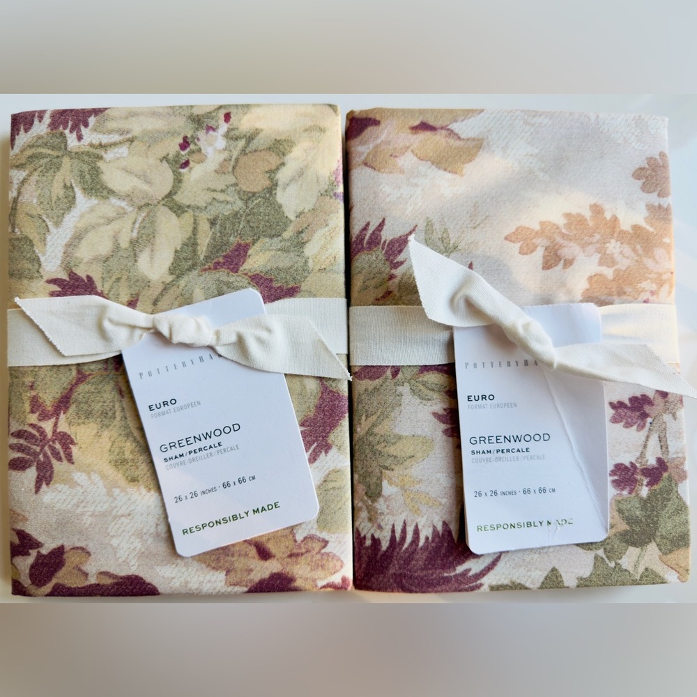 2 Pottery Barn Greenwood 26” sq Euro Shams in Rosewood Color, NWT, Retail $130